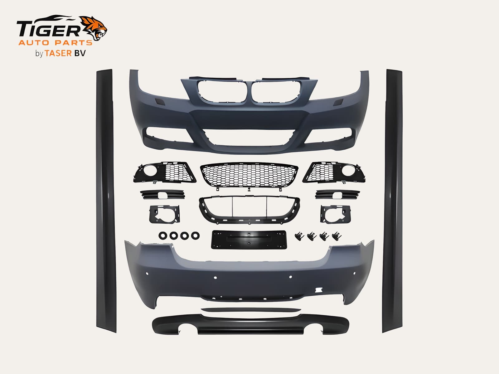 BMW 3-SERIE E90 LCI SEDAN 08-11 BODY KIT ACHTERBUMPER MET KOPLAMPSPROEIERS, PDC ACHTER, 2-UITLAAT + SIDESKIRTS M-TECH