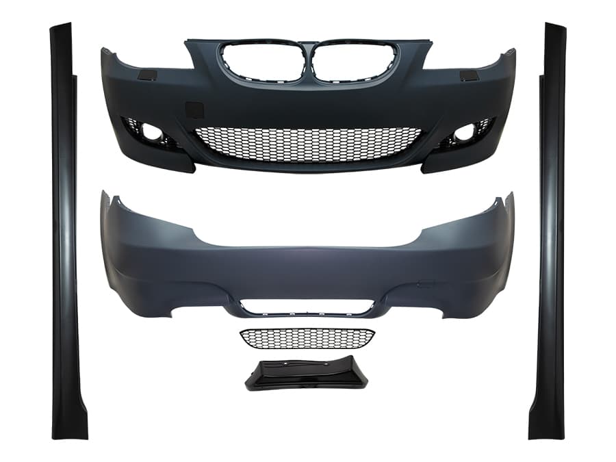 BMW 5-SERIE E60 03-10 SEDAN BODY KIT ACHTERBUMPER MET KOPLAMPSPROEIERS, MISTLAMPGATEN, 4-UITLAAT + SIDESKIRTS M5-STIJL