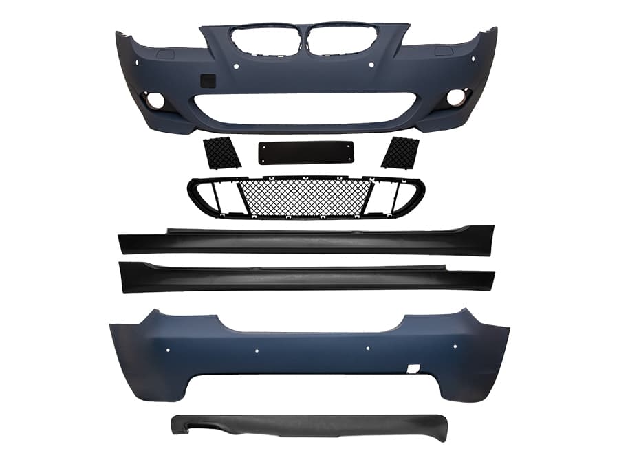 BMW 5-SERIE E60 03-06 SEDAN BODY KIT ACHTERBUMPER MET KOPLAMPSPROEIERS, PDC (VOOR/ACHTER 24 MM), DUBBEL UITLAAT + SIDESKIRTS M-TECH