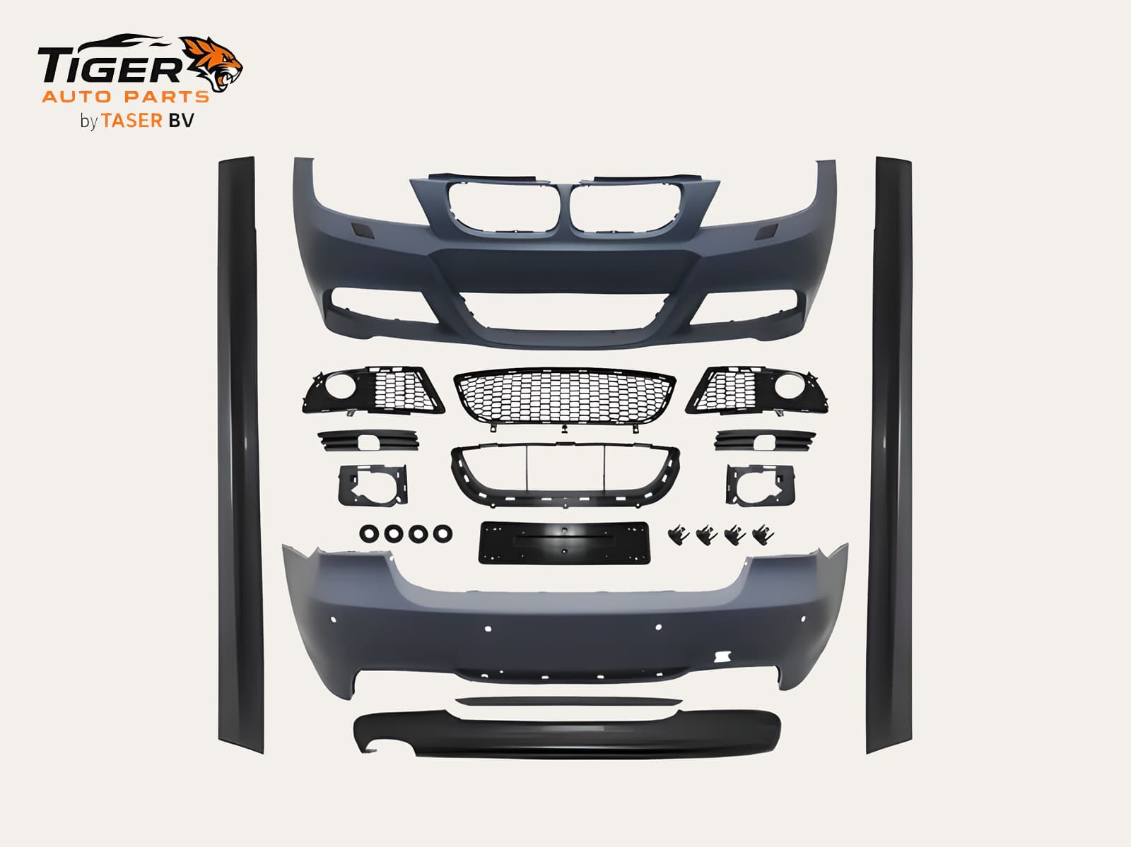 BMW 3-SERIE E90 LCI SEDAN 08-11 BODY KIT ACHTERBUMPER MET KOPLAMPSPROEIERS, PDC ACHTER, DUBBEL UITLAAT + SIDESKIRTS M-TECH