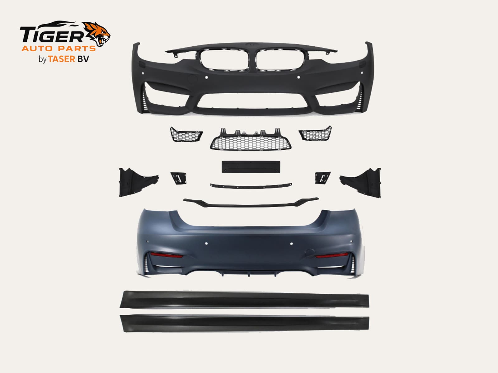 BMW 3-SERIE F30 12-18 BODY KIT ///M3 GOODGO-STIJL BODYKIT: ACHTERBUMPER MET KOPLAMPSPROEIERS, PDC ACHTER, DUBBELE UITLAAT, INCLUSIEF SIDESKIRTS