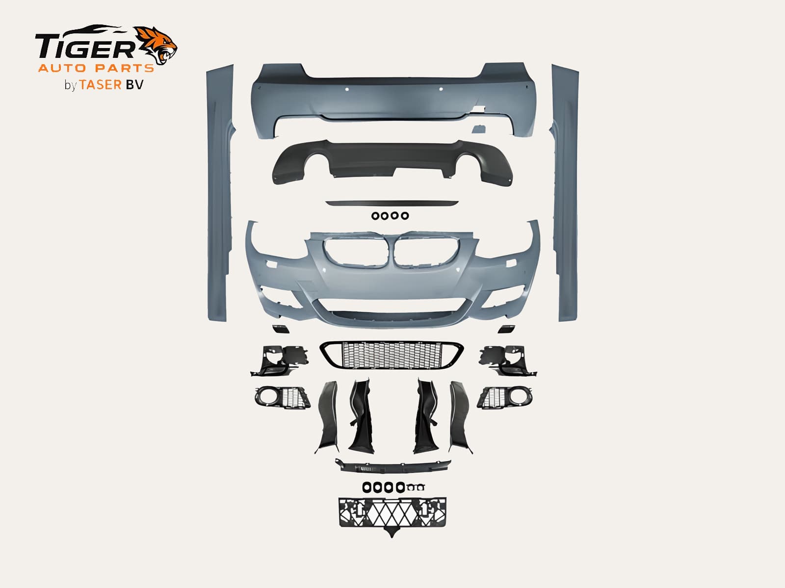 BMW 3-SERIE E92 LCI / E93 LCI COUPE / CABRIO 10-13 COMPLETE BUMPER SET MET KOPLAMPSPROEIERS, PDC VOOR & ACHTER, 2-UITLAAT (LINKS-RECHTS) + SIDESKIRTS M-TECH