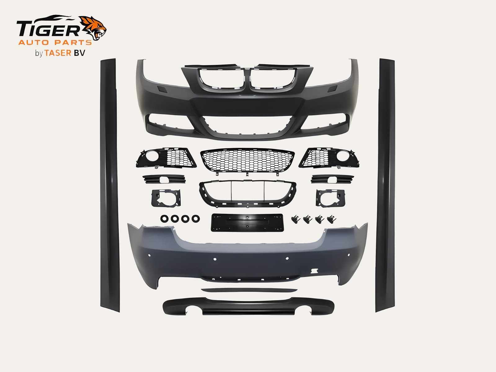 BMW 3-SERIE E90 SEDAN 05-08 BODY KIT ACHTERBUMPER MET KOPLAMPSPROEIERS, PDC ACHTER, LINKS-RECHTS UITLAAT + SIDESKIRTS M-TECH 335