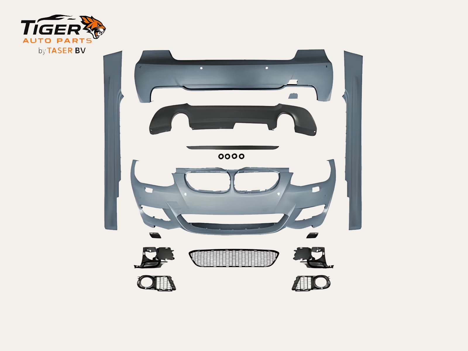 BMW 3-SERIE E92-E93 COUPE / CABRIO 06-09 BODY KIT COMPLETE BUMPER SET MET KOPLAMPSPROEIERS, PDC VOOR & ACHTER, 2-UITLAAT (LINKS-RECHTS) + SIDESKIRTS M-TECH