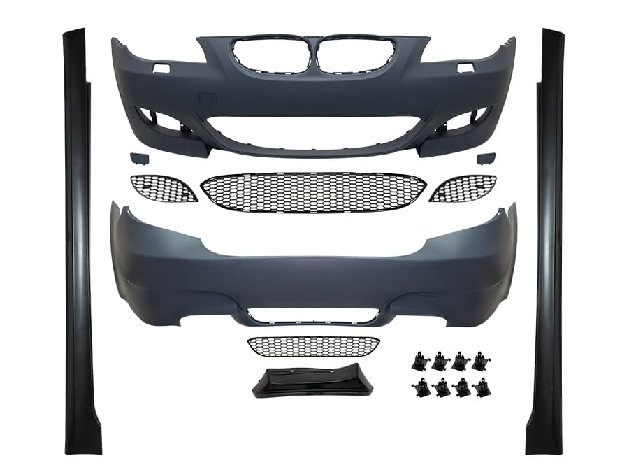 BMW 5-SERIE E60 03-10 SEDAN BODY KIT (ACHTERBUMPER MET KOPLAMPSPROEIERS, 4-UITLAAT + SIDESKIRTS M5-STIJL